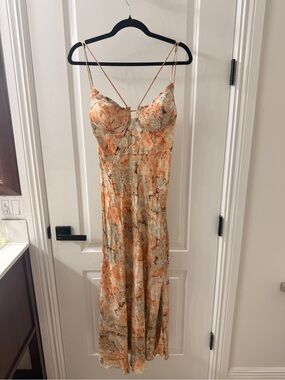 Floral Satin Midi Slip Dress in Peach and Sage
